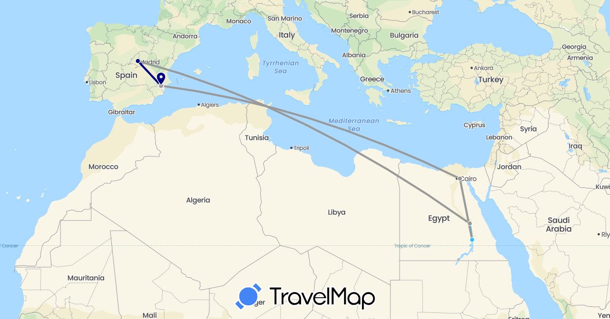 TravelMap itinerary: driving, plane, boat in Egypt, Spain (Africa, Europe)